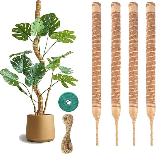 4 Pack Bendable Moss Pole 28 Inch, Monstera Plant Support Stake,Coco Coir Pole Sticks for Indoor Plants,Climbing Potted Plants，Pothos, Philodendron with Plants Ties