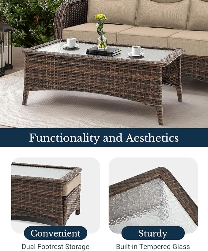 HILLGA Luxury Patio Furniture Set with 6-inch Thick Cushion, Outdoor Couch and High Back Swivel Rocker Patio Chairs, 8PCS Wicker Conversation Set for Deck Yard and Poolside, Beige (V2)