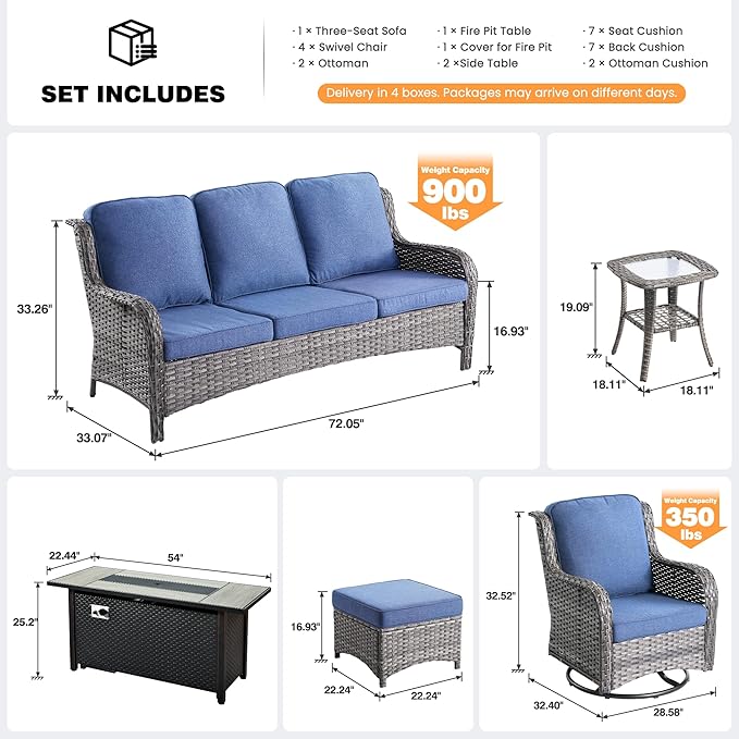 ovios 10 Pieces Patio Furniture Set, Outdoor Wicker Sofa Couch with Swivel Chairs 54" Fire Pit Table, All Weather High Back Modern Conversation Sets, Grey Rattan, Denim Blue