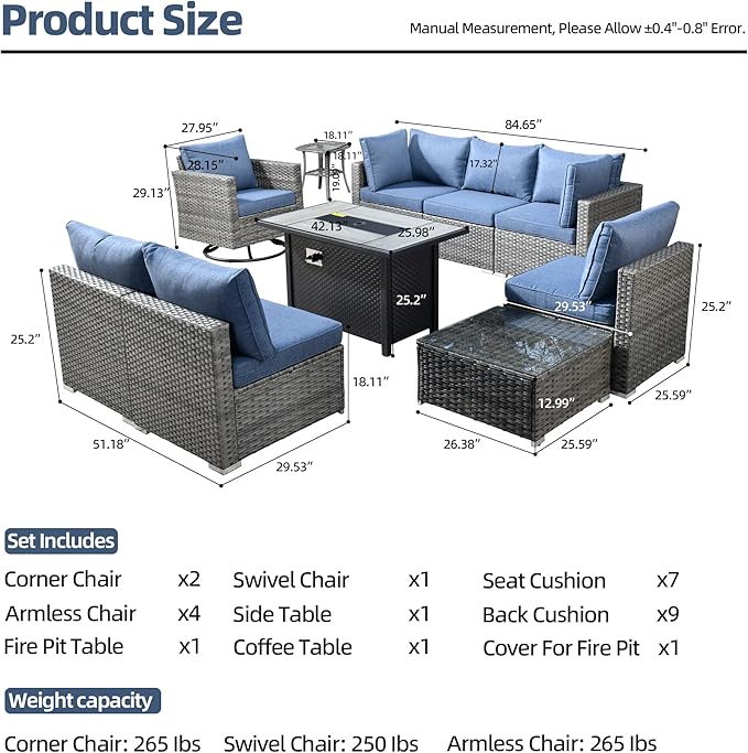 HOOOWOOO 10 Piece Patio Sectional Furniture Set with Fire Pit Table,Modern Wicker Outdoor Conversation Sofa Sets,Weather Resistant Modular L Shaped Outside Couch Swivel Chair Set(Denime Blue)