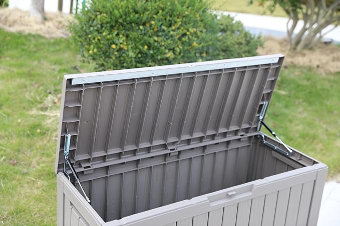 BTEXPERT 80 Gallon Deck Box Outdoor Storage Container Stainless Steel Rods for Patio Furniture Garden Tools Cushions Pool Supplies Sports Equipment Waterproof Lockable UV Resistant Set of 2