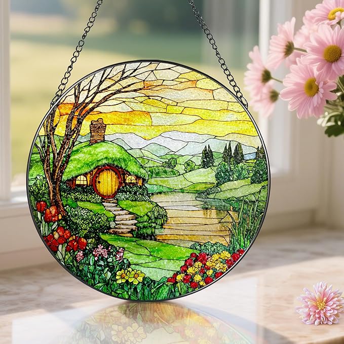 Stained Glass Window Hanging, Pauyadu 8 Inch The Shire Stained Glass Suncatcher, Window Decorations for Home, Mother's Day, Christmas, Birthday Gifts for Women, Mom, and Grandma, Nature Lovers