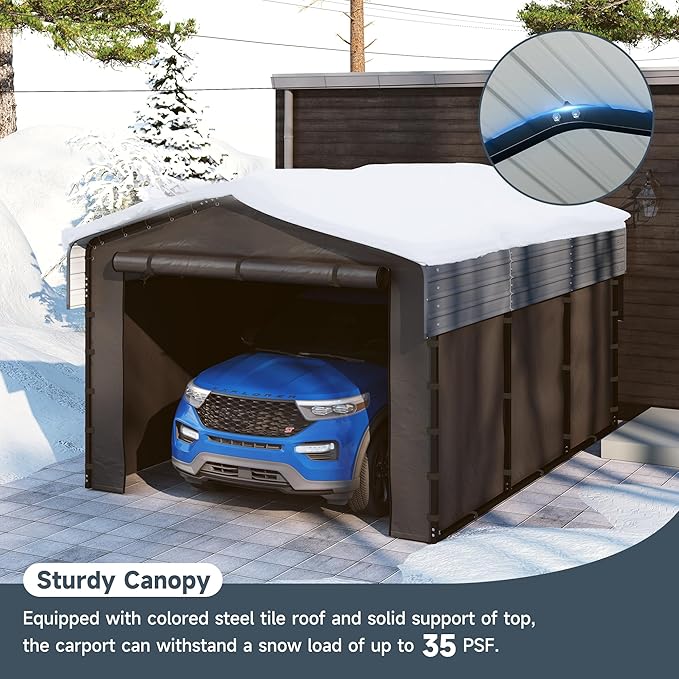 10x15FT Metal Carport Kits with Galvanized Steel Roof, Heavy Duty Metal Frame Carports Canopy with Removable Sidewalls, Garage Car Tent Shelter for Tractors, Boat, Car, Gray