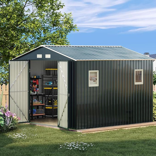 Breezz Outdoor Storage Shed 10 x 10 ft. Utility Tool Shed Metal Storage Garden Shed with Lockable Doors, Windows & Metal Frame Floor for Patio Storage,Nightblue