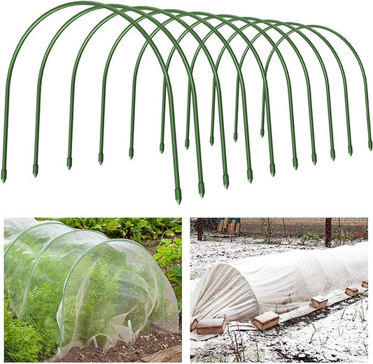 FOTMISHU Garden Hoops, 10PCS Greenhouse Hoops Rust-Free Grow Tunnel, All-in-one 23.6" x 25.6" Garden Stakes with Plastic Coated Plant Supports for Raised Beds Row Cover Garden Fabric