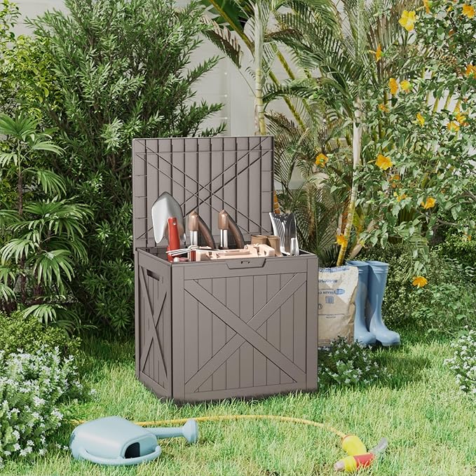 ROJIK 35 Gallon Outdoor Storage Housing Deck Box,Waterproof Patio Furniture, Garden Tools, Cushions, Pool Accessories Storage Bench with Lockable Lid and Side Handles(Grey)