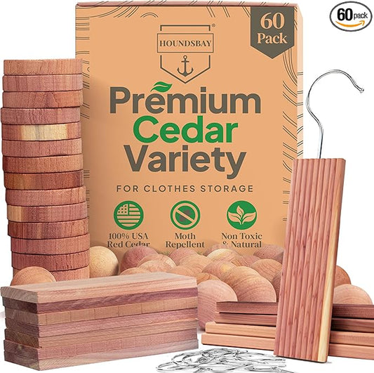 60 Variety Pack - Cedar for Closets - Cedar Balls for Clothes Storage - Cedar Closet Protection Cedar Hang-Ups - Natural Cedar Hanger Rings - Cedar Scented Balls Cedar Air Freshener for Closet