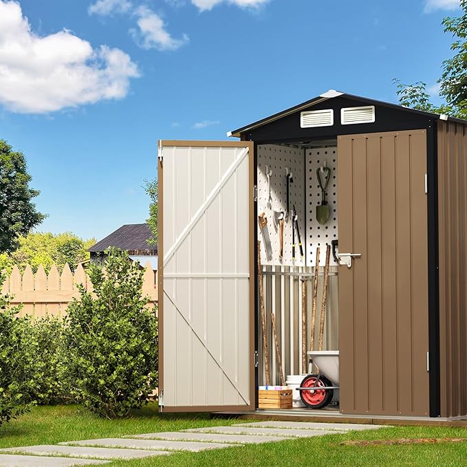 3X5FT Outdoor Steel Storage Shed with Lockable Doors, One Window,Ideal for Garden, Backyard, Patio Storage,Brown