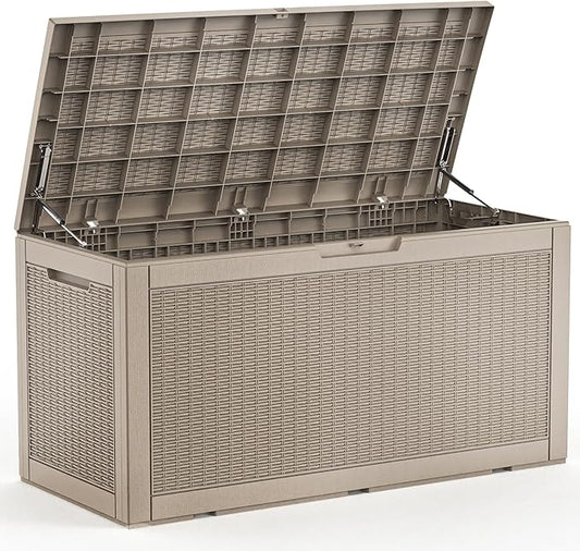 100 Gallon Resin Deck Box, Lockable Patio Outdoor Storage Box for Furniture, Garden Tools and Tools Storage, Waterproof Outside Storage Box - Grey