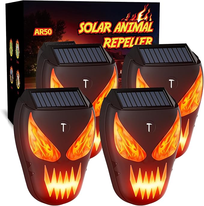 1 Pack Solar Nocturnal Animal Repeller with LED Flashing Lights, Effective Repels Deer, Coyote, Raccoon, Skunk, Fox & Hawk, Flame Predator Light for Chicken Coop, Farm, Yard & Garden
