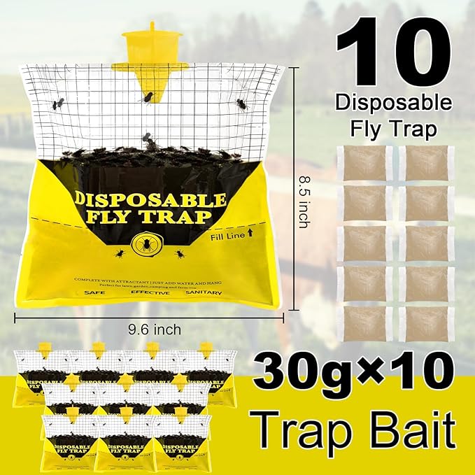 Glovv 10 Pack Disposable Fly Trap Bags Outdoor Hanging, Catcher Hunter with Bait, Stable Horse Ranch Control Repellent Killer for Barn, Farm, Mosquito, Bugs