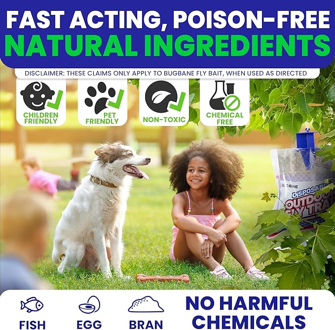 Fly Traps Outdoor Fly Trap for Patio. 4 Non-Toxic Pre-Baited Flies Bags Outdoor Disposable. Hanging Bug Catchers for All Filth Flies Killer for Outside Bug Control in Yard Horse Ranch Trash Can