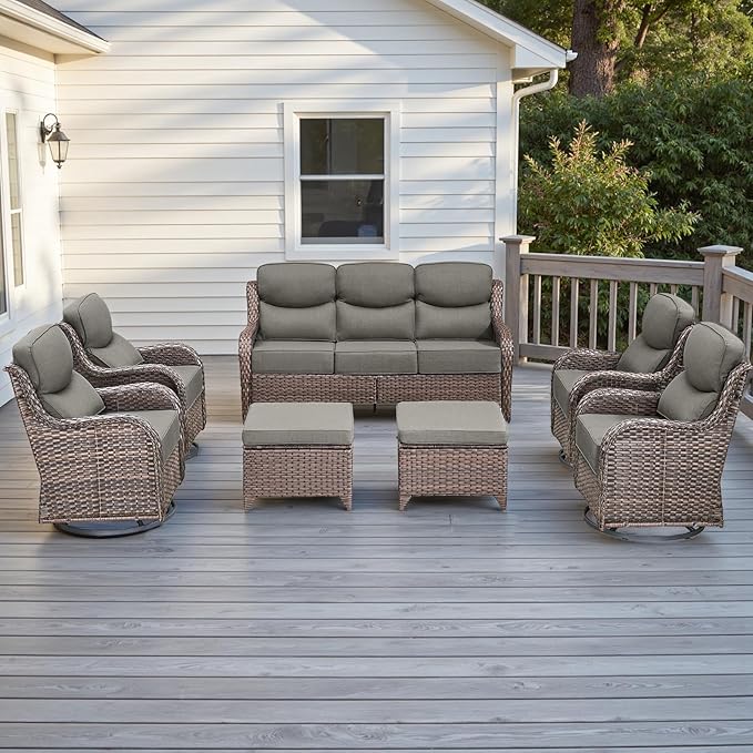Wicker Outdoor Patio Furniture Set - 7 Piece Patio Conversation Sets with Swivel Rocker Chairs, Ottomans and Sofa, 6 inch Cushions, Waterproof Wicker, for Porch Deck Brown/Grey