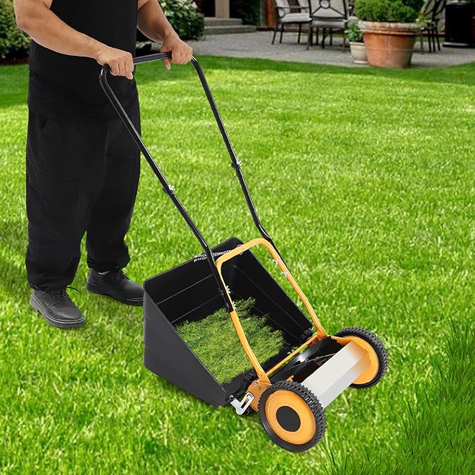 Lawn Mower, Wheeled Reel Mower with Grass Catcher Adjustable Height Manual Reel Push Walk Behind Dual for Cottage, Residential, Backyard, Park Landscaping (14 Inch)