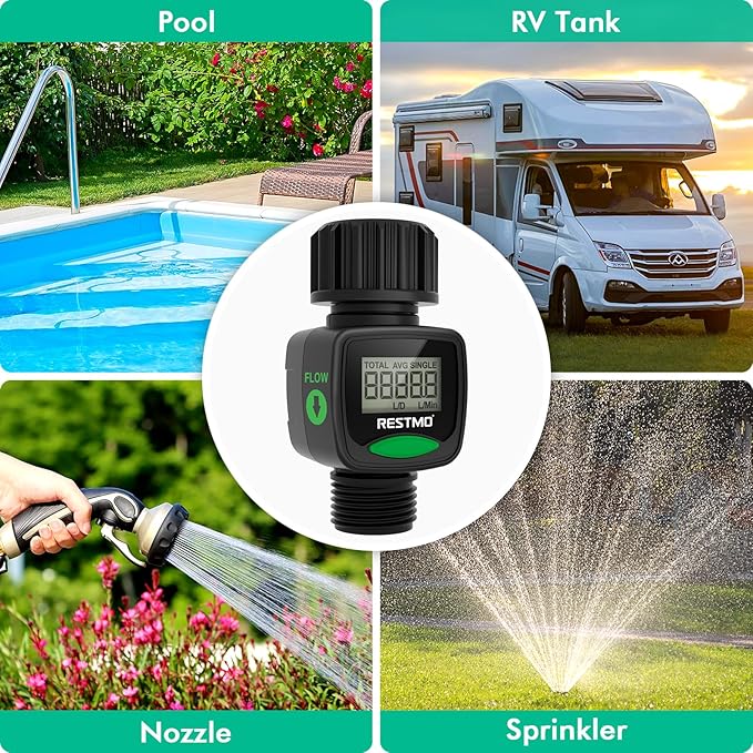 [2 Pack] RESTMO Water Flow Meter, High Measure Accuracy, Measure Gallon/Liter Consumption and Flow Rate for Outdoor Garden Hose Watering, RV Water Tank Filling, Lawn Sprinkler and Nozzle Sprayer