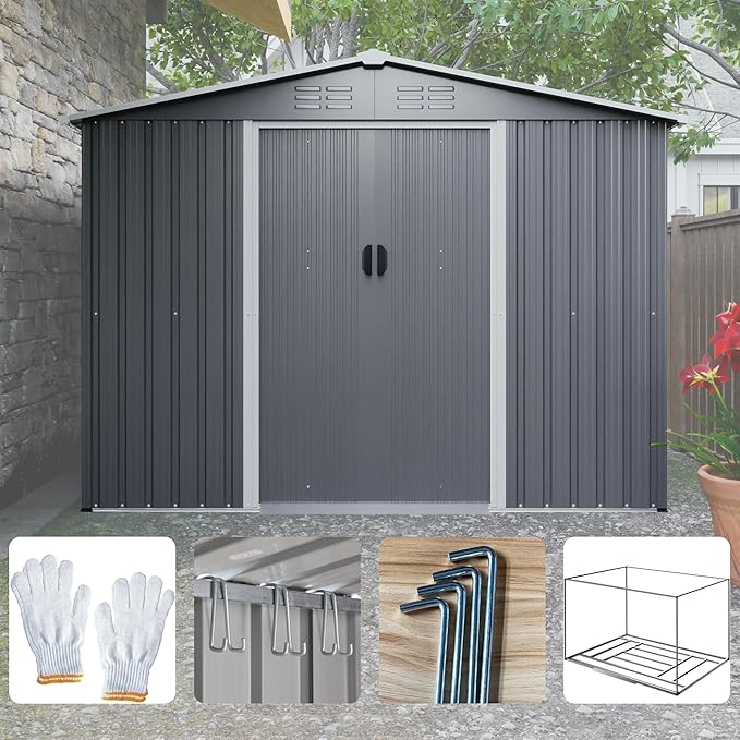 10X8 FT Outdoor Storage Shed, All Weather Metal Sheds with Lockable Doors, Tool Shed for Garden, Patio, Backyard, Lawn (Grey with Floor Frame, 8x6 ft)