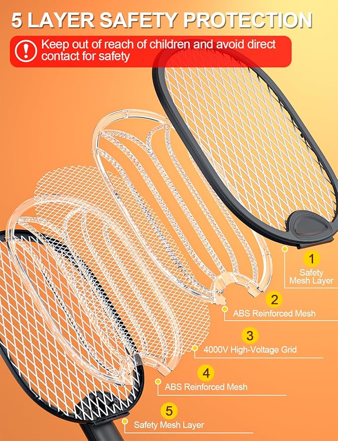 Electric Fly Swatter 4000V Bug Zapper Racket Foldable with Blue Light Dual Mode 1800mAh Rechargeable Battery 5-Layer Safety Mesh for Indoor & Outdoor(Black)