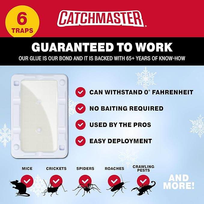 Catchmaster Freeze Resistant Glue Traps 6PK Mouse Traps Indoor for Home, Pest Control Adhesive Tray, Catch Bugs, Crickets, Spiders & Rats, Glue Boards for Cold Weather, House, Shed & Garage