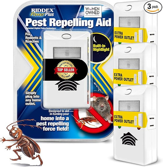 RIDDEX Power Plus Insect Repellent | Plug in, Mouse Deterrent - Pest Control for Defense Against Rats, Mice, Roaches, Bugs and Insects | Control Pests with No Toxins with Side Outlet | 3-Pack