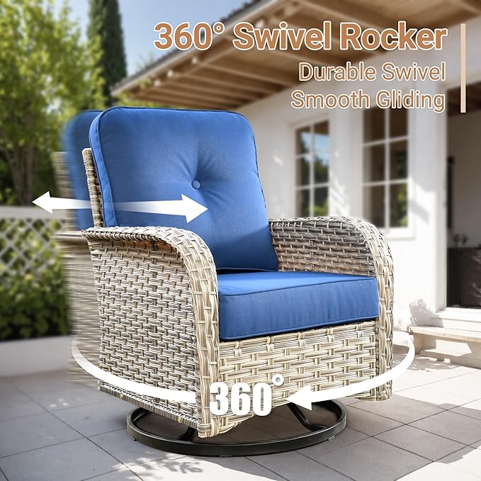 HOOOWOOO Outdoor Patio Bistro Set,3 Pieces Wicker Out Door Swivel Rocking Chair with Matching Side Table,Patio Furniture Sets,Navy Blue