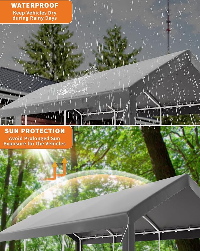 Garvee 10x20 Heavy Duty Carport, Galvanized Steel Outdoor Car Canopy with UV-Resistant & Water-Resistant PE Cover, Portable Garage for SUV, Truck, Boat, Grey