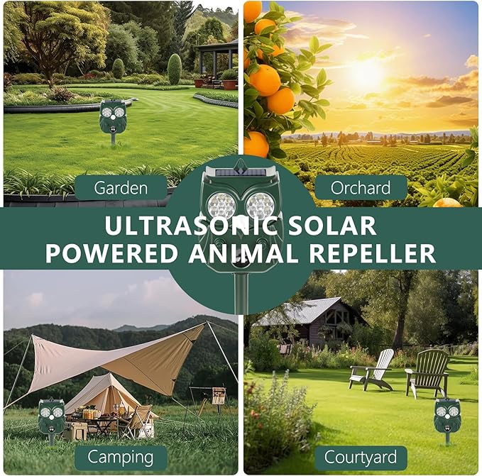 2Pack 2025 Ultrasonic Animal Repellent Outdoor Deer Repellent Devices Solar Animal Repeller Motion Activated Deterrent to Scare Cat Squirrel Rabbit Raccoon Skunk with LED Flash Lights for Yard Lawns
