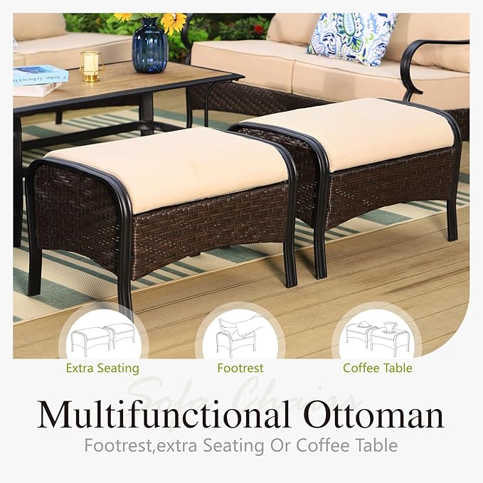 Sophia & William Metal Patio Furniture Set, Outdoor Conversation Set 7 Seats with 3-Seater Sofa, 2 Sofal Chairs, 2 Ottoman,1 Coffee Table for Seating Lawn Porch Backyard,Beige