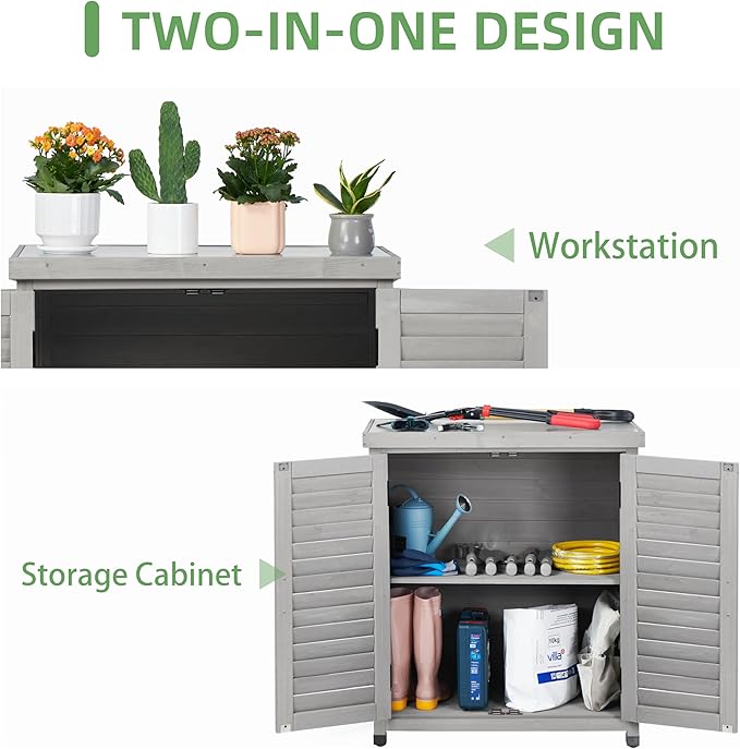 Potting Bench with Storage Cabinet and Metal Table Top for Outdoor Patio, Garden Furniture Wood Workstation (Accent Grey, 31x17x36)