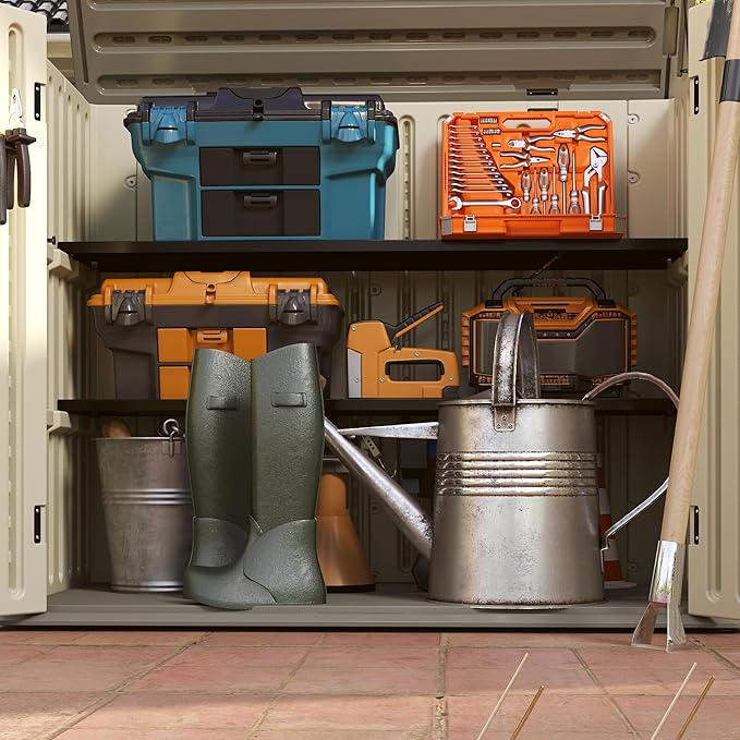 Vertical Resin Storage Shed with 2 Shelves, 47 Cuft Garden Tool Sheds & Outdoor Storage, Plastic Outdoor Storage Cabinet Waterproof, 4.5x2.8 ft Backyard Outside Lawn Mower Storage Shed, Vanilla