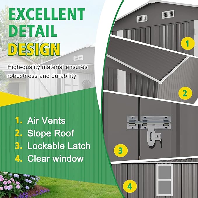 10x12 FT Outdoor Storage Shed with Windows, Metal Sheds & Outdoor Storage with Lockable Door and 4 Vents, Outside Storage Shed Waterproof for Backyard, Garden, Patio, Gray