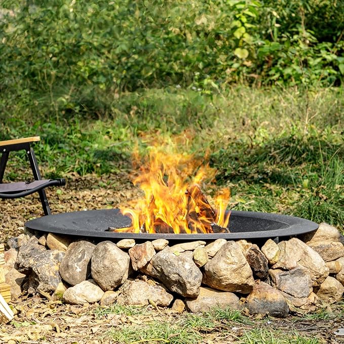 35 inch Steel Fire Bowl for DIY or Replacement Existing Fire Pits, Wood Burning Fire Pit Bowl with Spark Screen &Fire Poker, Fireplace for Backyard, Porch, Deck, Camping, BBQ (Circle Dot)