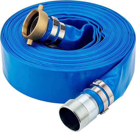 DAVCO 1.5" ID x 50 ft Pool Backwash Hose, Heavy Duty Reinforced Blue PVC Lay Flat Water Discharge Pump Hoses For Swimming Drain Pools and Clean Filters, with Brass NPT Pin Lug and KC Nipple Fittings