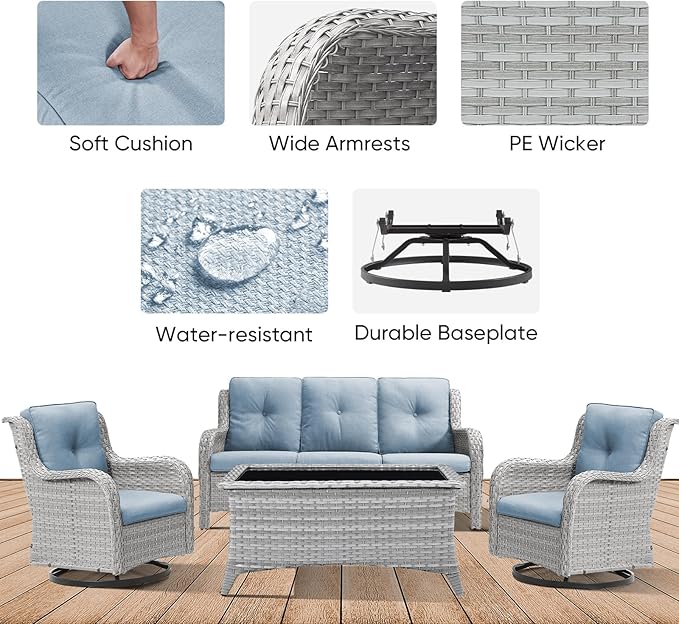 Patio Furniture 4 Piece, All-Weather PE Wicker Outdoor Furniture Set with Coffee Table,Outdoor Patio Furniture with Swivel Rocker Chairs and Outdoor Sofa, White Grey/Blue