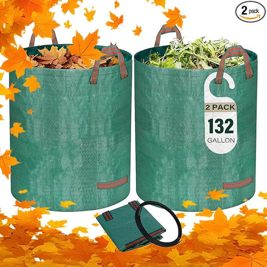 2 Pack 132 Gallon Reusable Yard Waste Bags, Collapsible Heavy Duty Leaf Bags, Lawn and Leaf Garden Bags with 4 Handles, Camping Yard Recycling Bin for Debris Leaves Grass Clippings