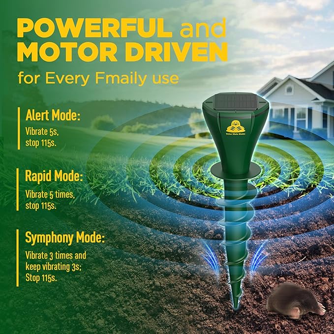 Mole Repellent Solar Powered 8 Pack, Snake Vole Repellent Outdoor, IP65 Waterproof Snake Deterrent Gopher, Waterproof Sonic Mole Spikes for Lawn and Garden, Get Rid of Moles, Groundhogs, and Rodents
