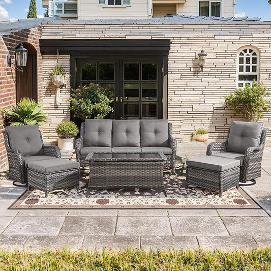 Wicker Outdoor Conversation Set-6 Pieces Outdoor Wicker High Back Couch with Swivel Rocker Chairs Patio Furniture for Deck Poolside Backyard-Grey/Grey