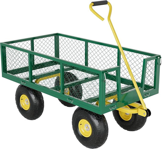 900 Lbs Garden Wagon, 2-in-1 Heavy-Duty Steel Garden Cart, with 10 Inch All-Terrain Tires and Removable Mesh Side Panels, 180° Rotating Handle, Metal Multi-Function Carts, Outdoor Gardens Wagon Cart