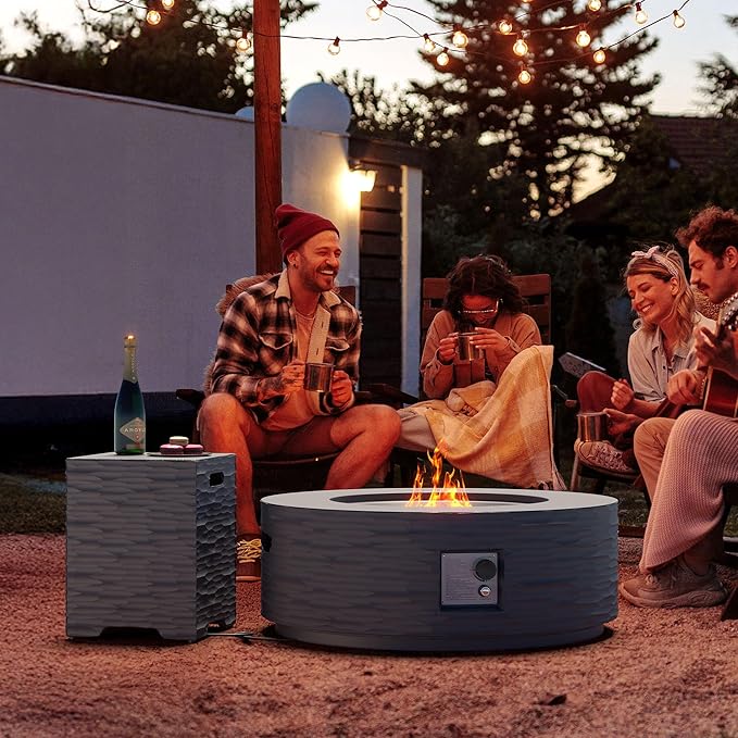 Cosiest Propane Fire Pit with Tank Cover for Outside, 35 in Round Gas Fire Pits for Outdoor Patio, CSA Certified, 50000 BTU Concrete Rectangle Base with Rain Cover, Free Lava Rocks