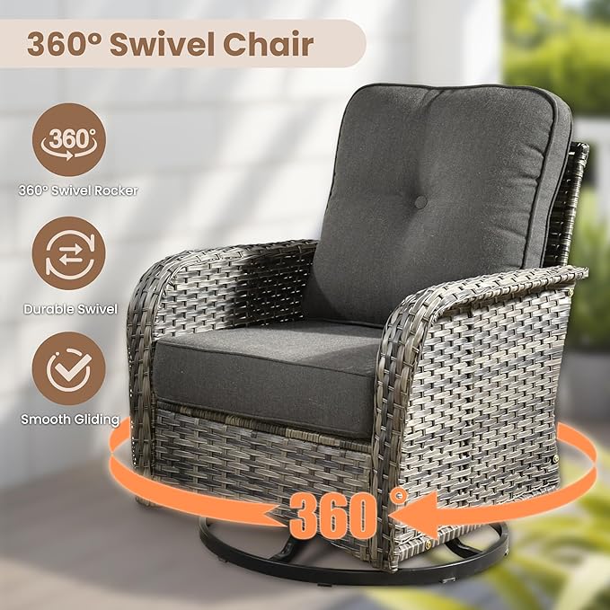 HOOOWOOO Outdoor Patio Furniture Set,9 Pieces Wicker Conversation Set,All Weather Couch Set with Swivel Chairs Solar Light Table Ottoman 9 Seaters for Out Door Yard(Black)