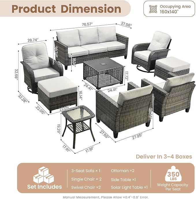 HOOOWOOO Outdoor Patio Furniture Set,9 Pieces Wicker Conversation Set,All Weather Couch Set with Swivel Chairs Solar Light Table Ottoman 9 Seaters for Out Door Yard(Light Gray)