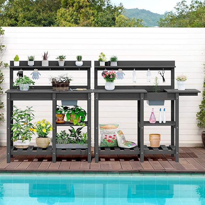 SERWALL Potting Bench Outdoor Potting Table with Sink, HDPE Potting Benches for Outside Gardening Table All Weather Use- Gray