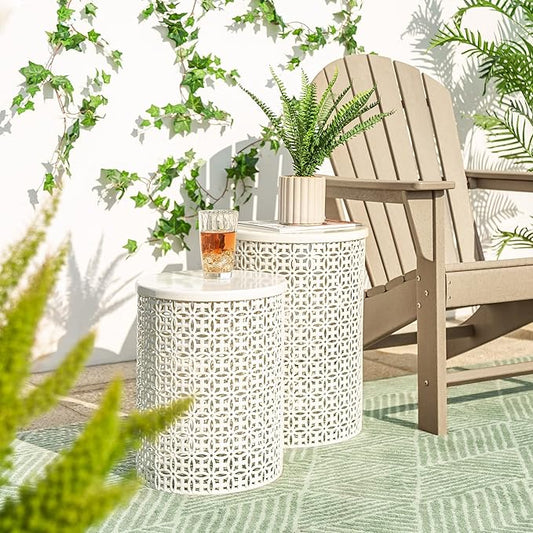 Glitzhome Outdoor Side Table Set of 2, Decorative Garden Stool for Indoor Outdoor Heavy Duty Metal Frame Accent Table Modern End Table, Cream White