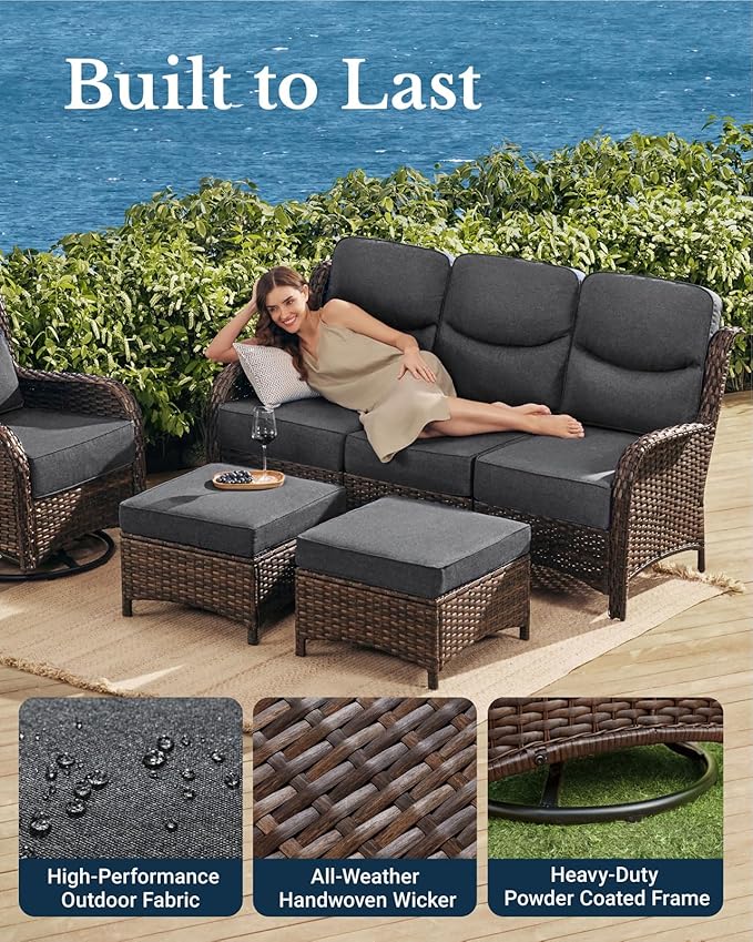 HILLGA Luxury High Back Patio Furniture Set with 6-Inch Thick Cushion, 5-Piece Outdoor Conversation Set with Loveseat, Swivel Rocker Chairs & Ottomans, Ideal for Porch Pool Deck Yard (Dark Grey)