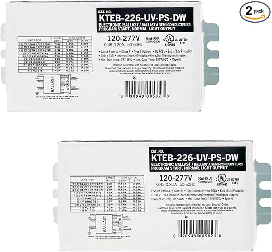 OHLECTRIC 2 Pack - Replacement for Keystone KTEB-226-UV-PS-DW | 2 Lamp Compact Fluorescent Electronic Ballast | 26 Watts & 120-277V Input | High Power Factor & Program Start | UL Listed