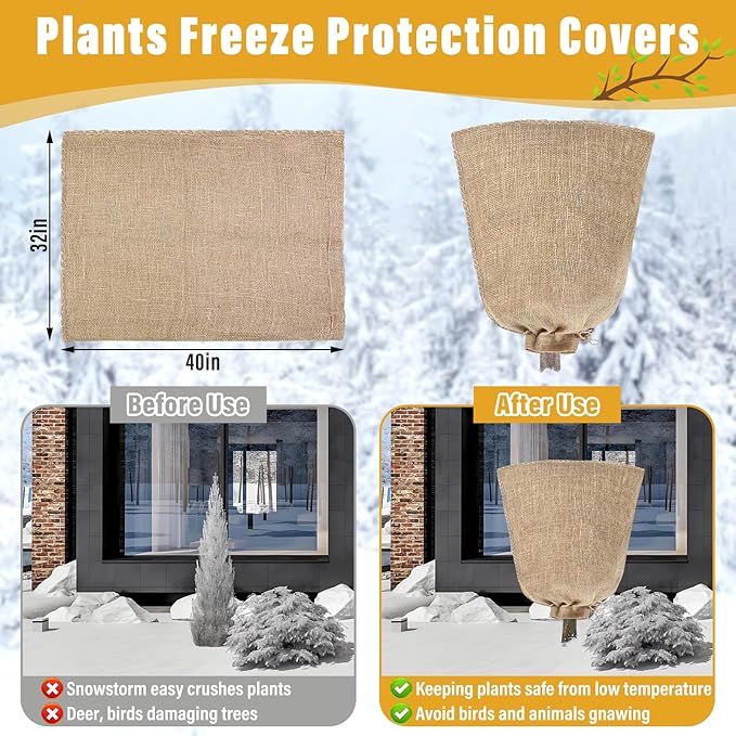 Riare 4 Packs 32 × 40 Inch Burlap Winter Plant Cover Bags with Drawstring- Reusable Large Burlap Sack Plant Frost Protector, Plant Frost Cloth Cold Tree Freeze Blanket for Outdoor Plants Fruit Shrubs