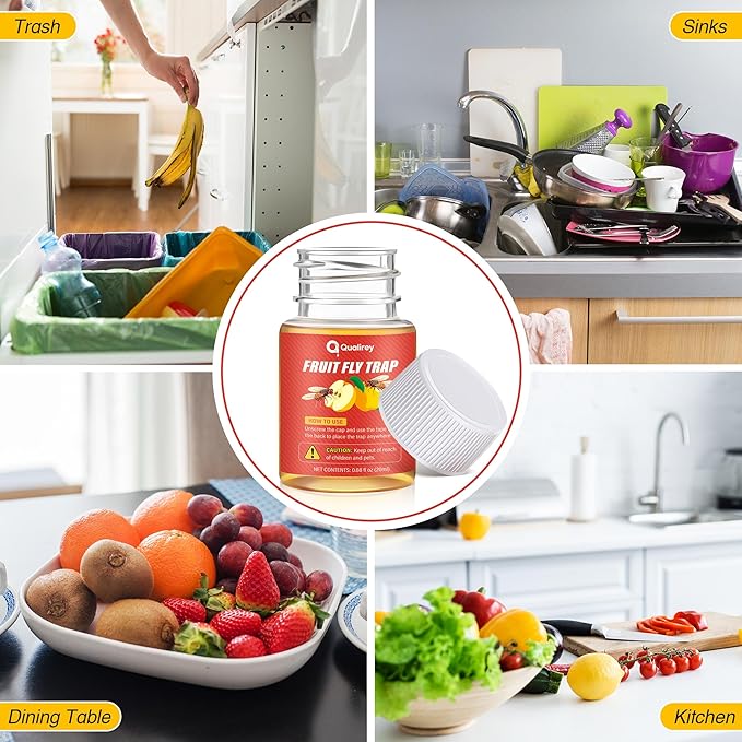 Qualirey 6 Pack Fruit Fly Traps for Indoors, Fruit Fly Killer and Catcher, Trap Refill Liquid for Home & Kitchen, Non Toxic Safe Near Food, Effective Lure Refill for Indoor Use