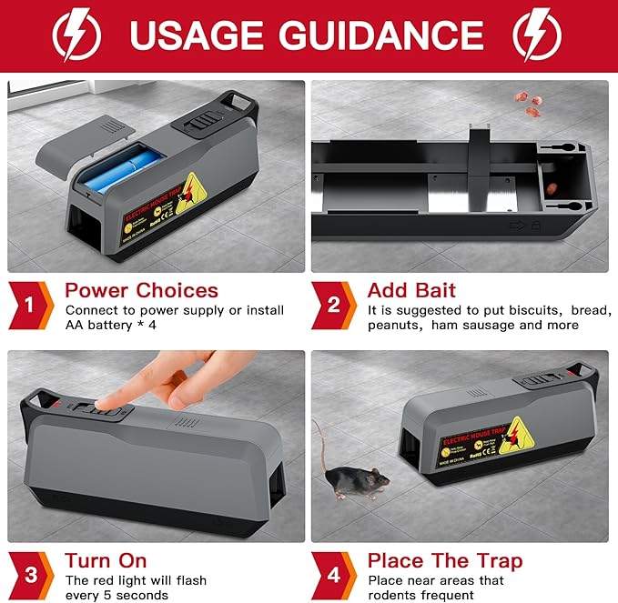 Electric Mouse Trap Refill for Home, Reusable No-Touch Electric Mouse Trap Zapper with Powerful Voltage Effectively Kills Mice in Living Rooms, Kitchens, Garages, and More, 4 Pack, Black