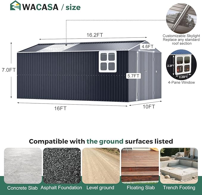 Metal Shed 10x16 FT with Floor Frame Kit, Big with Heavy-Duty Reinforced Steel Frame and Customizable Skylight, Lockable Doors, 4-Pane Windows, Large Outdoor Storage for Garden, Tools, and Utility