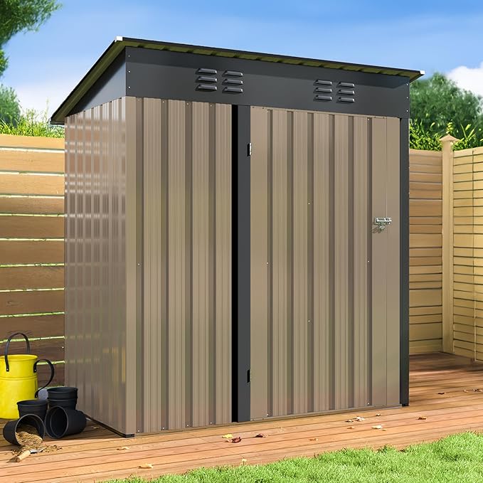 Polar Aurora 5x3 FT Outdoor Storage Shed, Garden Shed with Updated Frame Structure and Lockable Doors, Metal Tool Sheds for Backyard Garden Patio Lawn,Brown