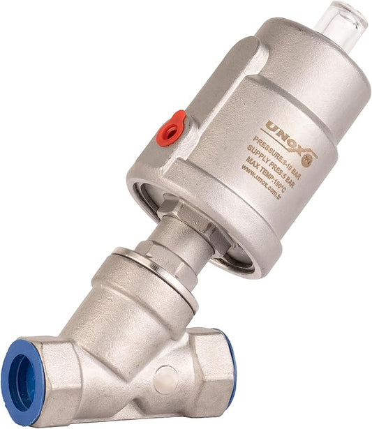 UNOX 1 1/2" (DN40) Stainless Steel Pneumatic Valve, Angle Seat Design, Normally Closed Steam Air Control, 3-8 Bars Fast Response Industrial Single Acting Valve with Threaded Connection